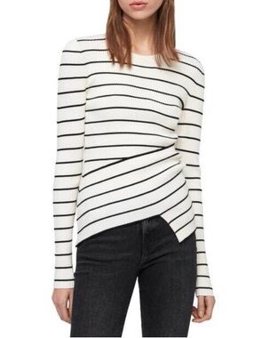 AllSaints Striped Asymmetric Hem Knit Sweater - White & Black
